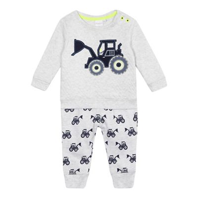 Baby boys' grey tractor applique set
